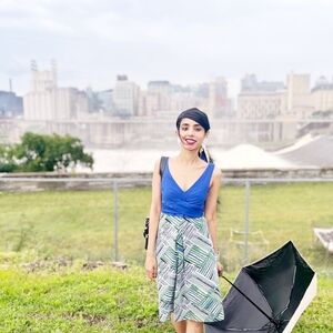 Women’s Blue V-Neck Dress with Green Patterned Skirt